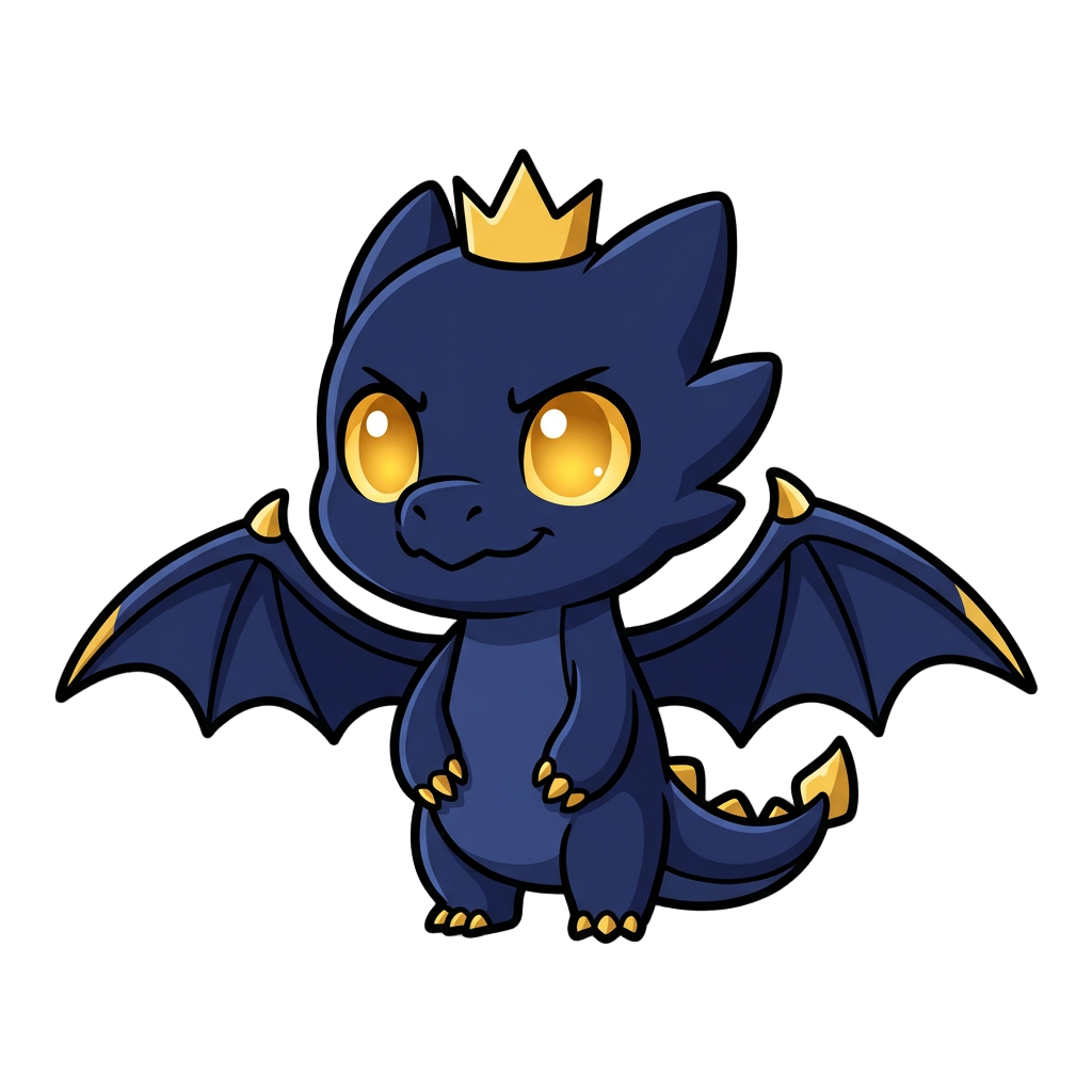 Chibi navy blue dragon emote with gold accents, big glowing golden eyes, cute but majestic expression, streaming emote style, clean design, transparent background