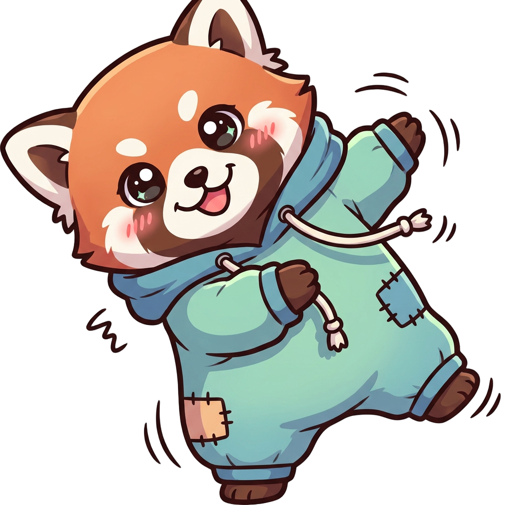 Wiggle-Emote for DasRifftierchen. Red-Panda-like baby in a funny rompler wiggeling. Wiggle the head left and right and let the arms and applications like the the drawstring wiggle the opposite way. with a big cheerful smile and bright sparkling eyes