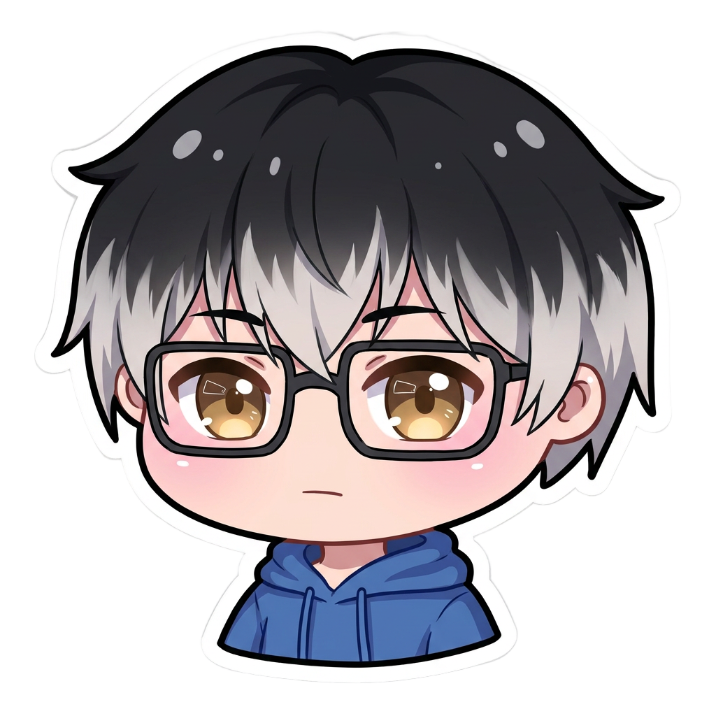 chibi anime character wearing a blue hoodie with the hood down, light complexion skin color, shining light brown eyes, wearing squared black frame glasses, black medium short hair with frosted platinum tips, neutral expression, solid white background, bold cartoon like art, thick white sticker outline, twitch emote.