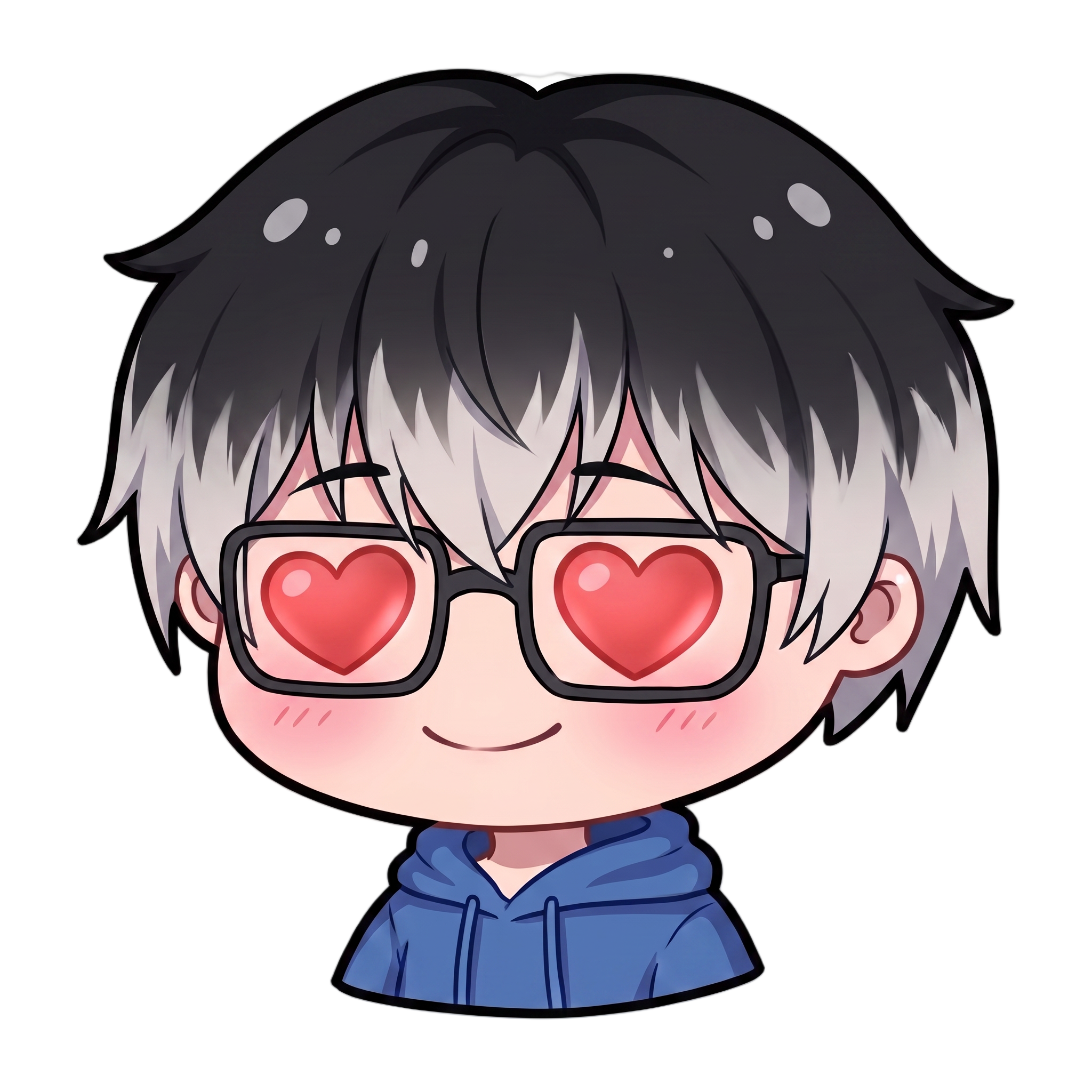 Change this emote's expression to lovestruck with heart eyes and a dreamy smile. Keep the exact same character design, outfit, colors, and art style.