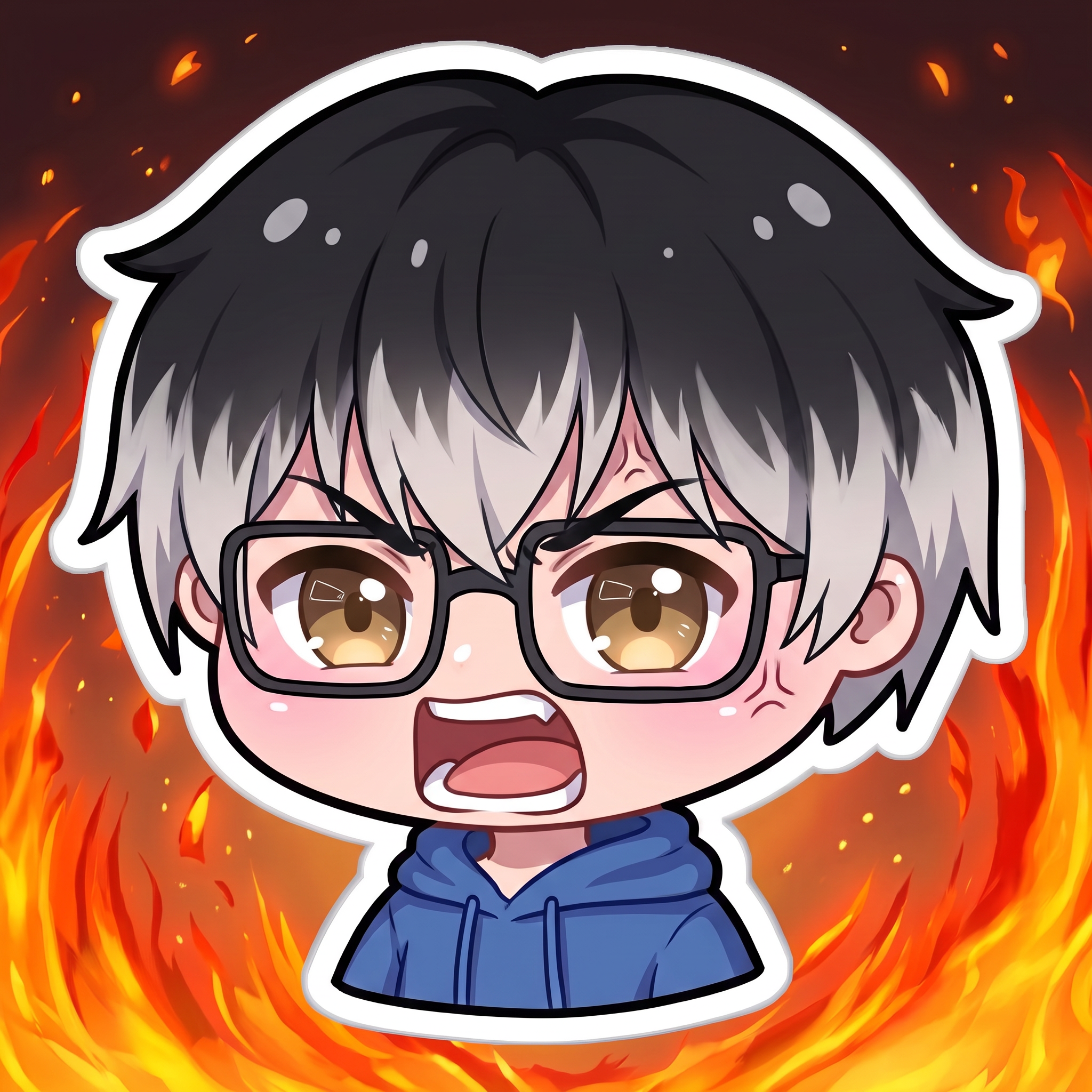 Change this emote's expression to furious rage with flames in the background, veins popping, and an intense scream. Keep the exact same character design, outfit, colors, and art style.