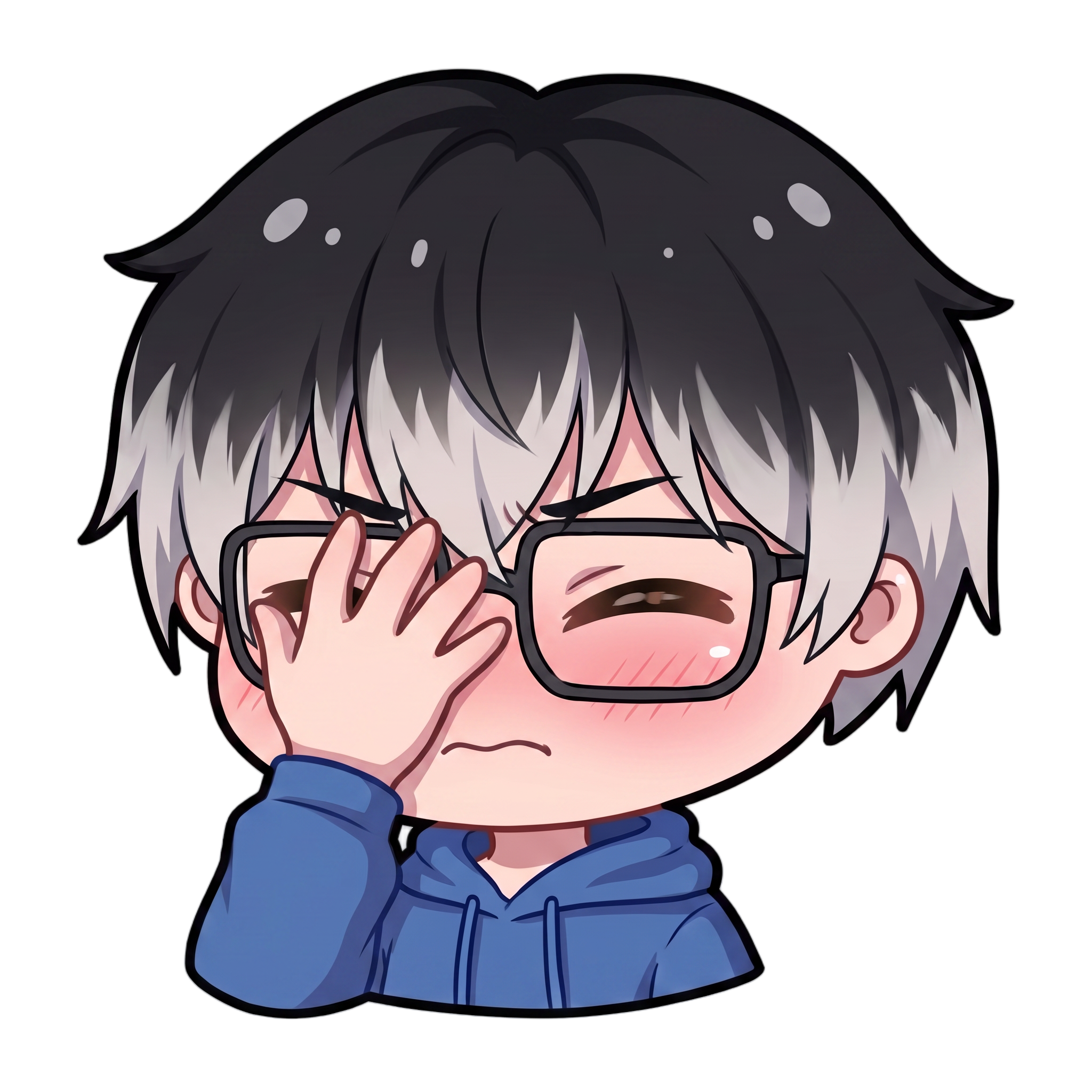 Change this emote to doing a facepalm with one hand covering the face and a frustrated or embarrassed expression. Keep the exact same character design, outfit, colors, and art style.