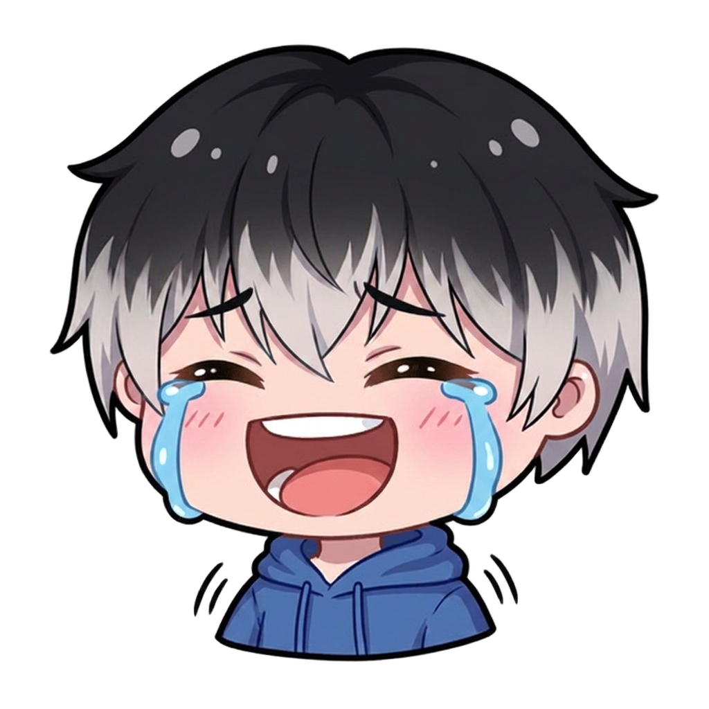 laughing out loud with tears of joy in their eyes, big open mouth, expressive happy face, simple clean vector style, flat vibrant colors, transparent background, twitch emote.