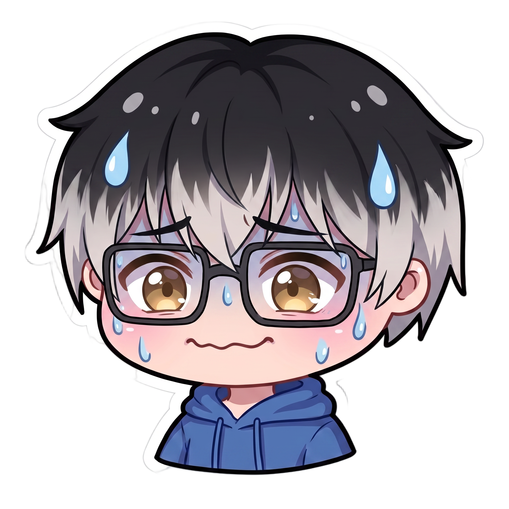 Change this emote's expression to nervous and anxious with sweat drops, wide worried eyes, and a wobbly forced smile. Keep the exact same character design, outfit, colors, and art style.
