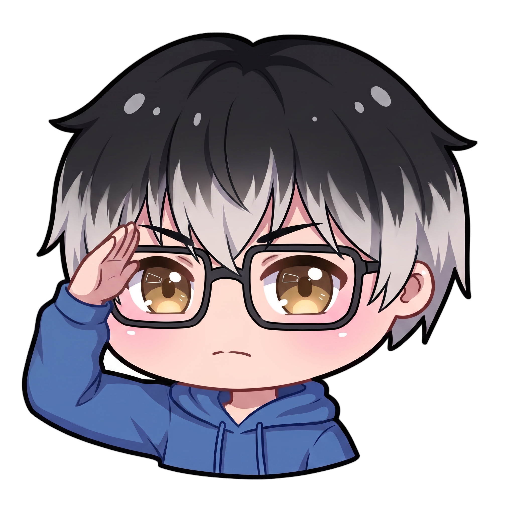 Change this emote to doing a respectful military-style salute with a serious determined expression. Keep the exact same character design, outfit, colors, and art style.