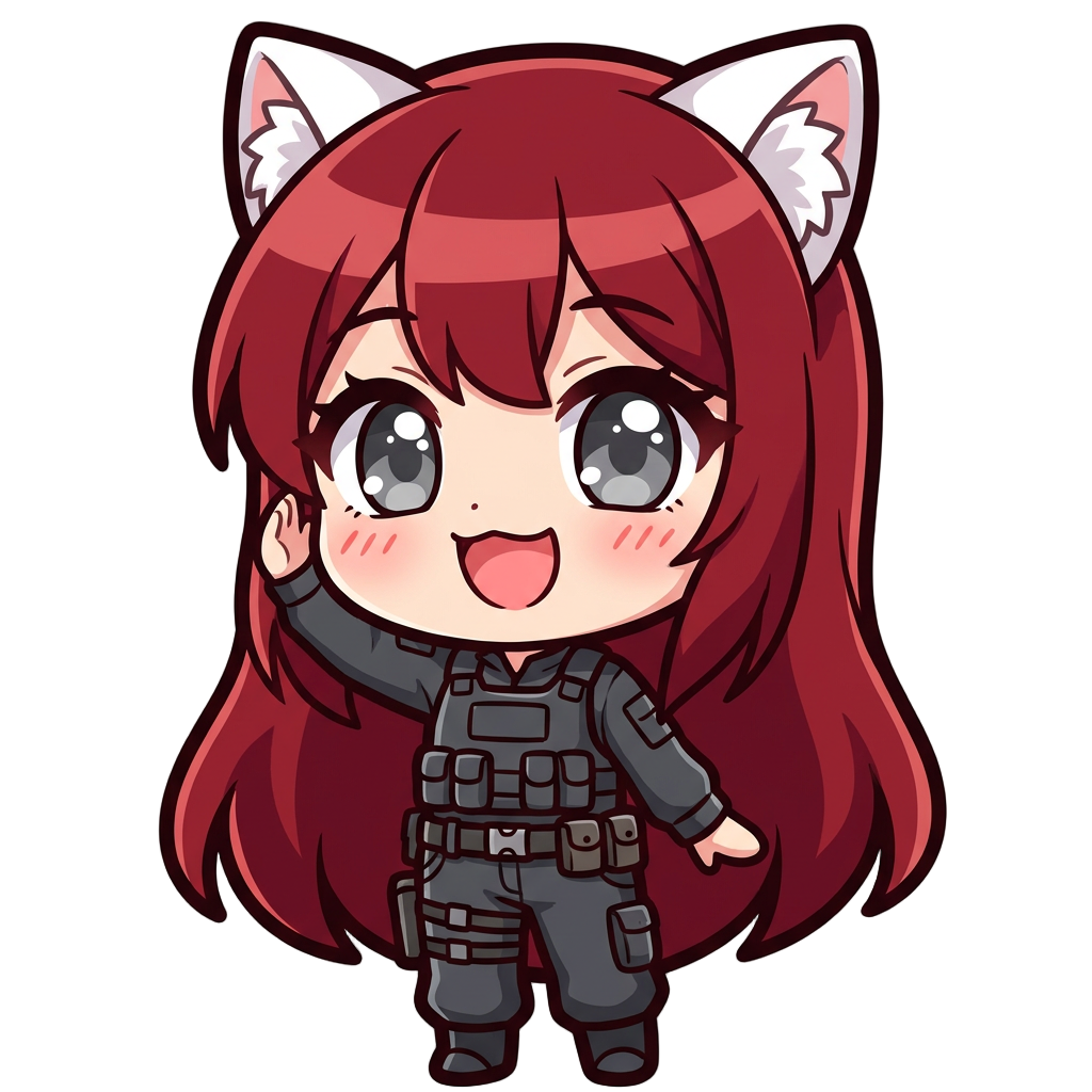 a girl, with long dark red hair with a bang, grey eyes, white cat ears, tactical dressing, happy