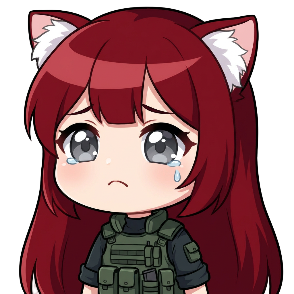 a girl, with long dark red hair with a bang, grey eyes, white cat ears, tactical dressing, sad