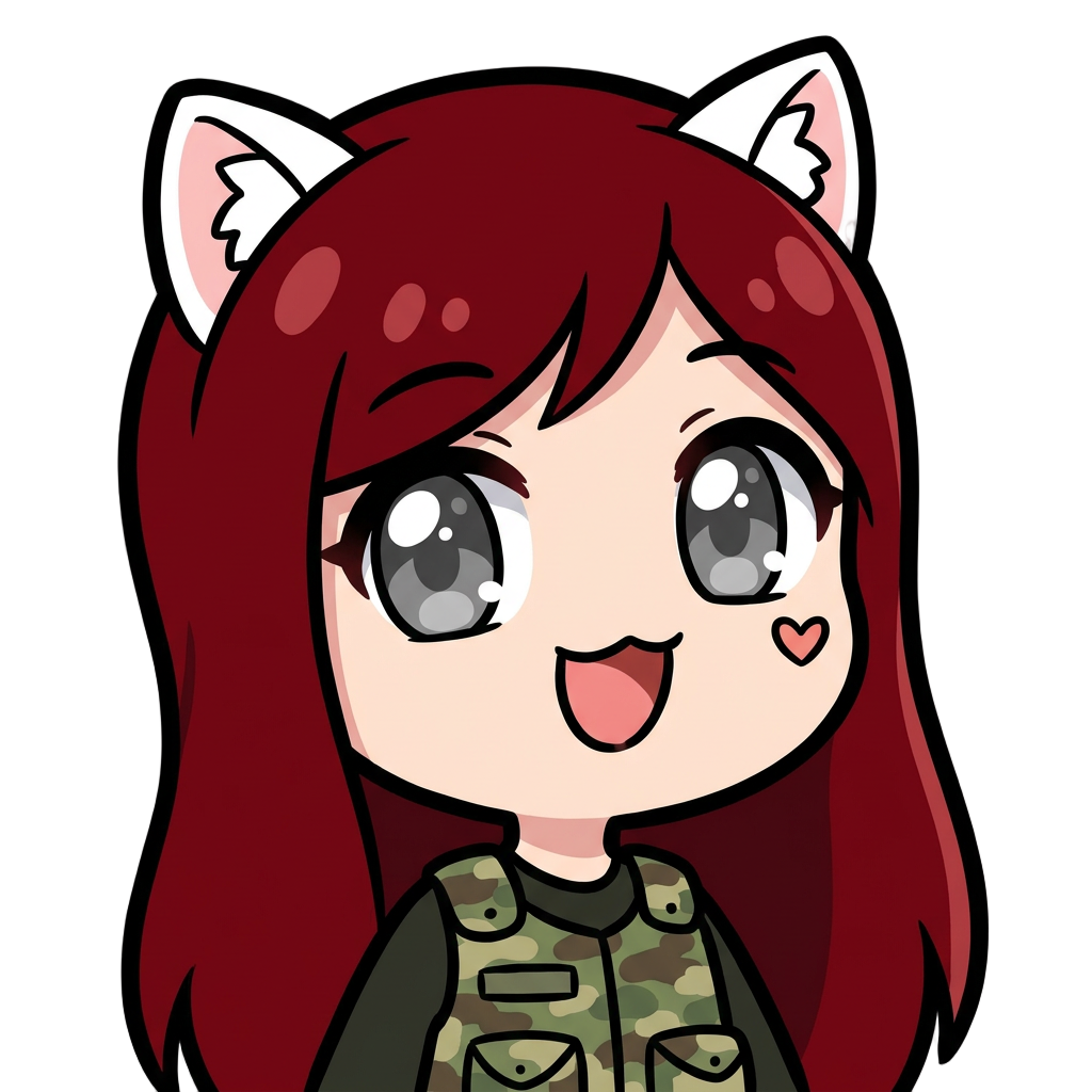 a girl, with long dark red hair, grey eyes, white cat ears, tactical dressing, happy