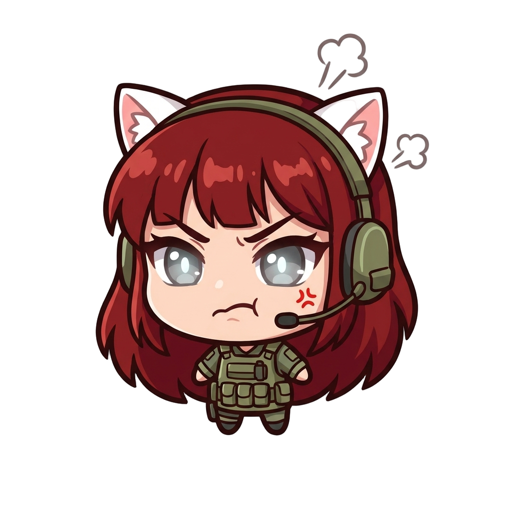 a girl, with long dark red hair with a bang, grey eyes, white cat ears, tactical dressing, angry