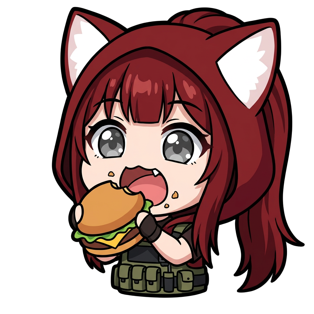 a girl, with long dark red hair with a bang, grey eyes, white cat ears, tactical dressing, eating food