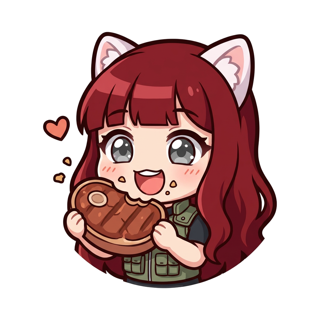 a girl, with long dark red hair with a bang, grey eyes, white cat ears, tactical dressing, eating steak