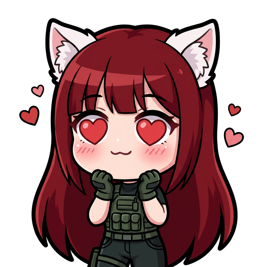 a girl, with long dark red hair with a bang, heart eyes, white cat ears, tactical dressing, in love