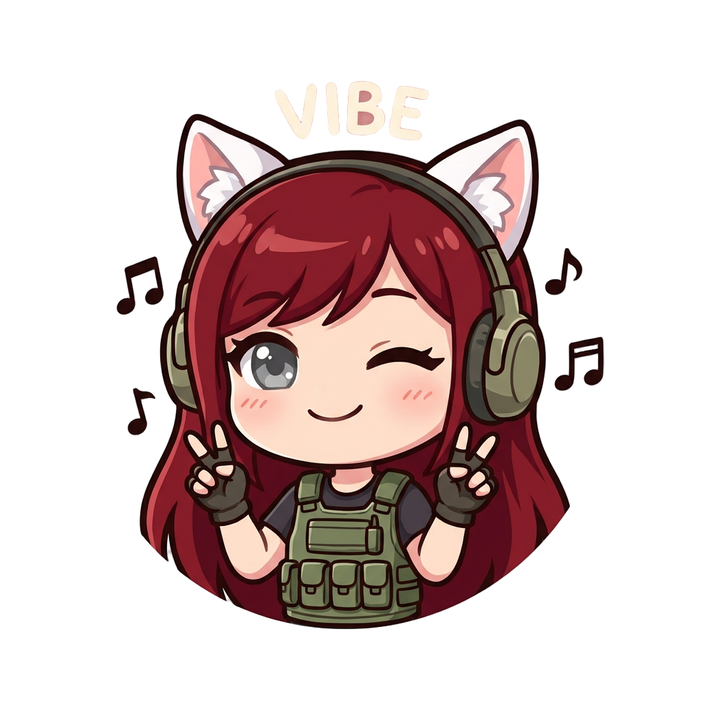 a girl, with long dark red hair with a bang, grey eyes, white cat ears, tactical dressing, vibing with music
