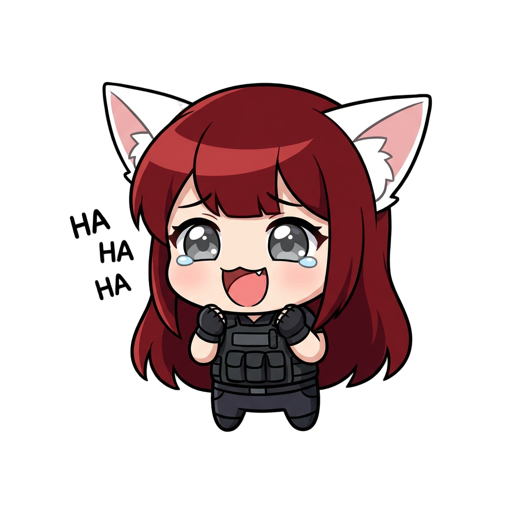 a girl, with long dark red hair with a bang, grey eyes, white cat ears, tactical dressing, laughing