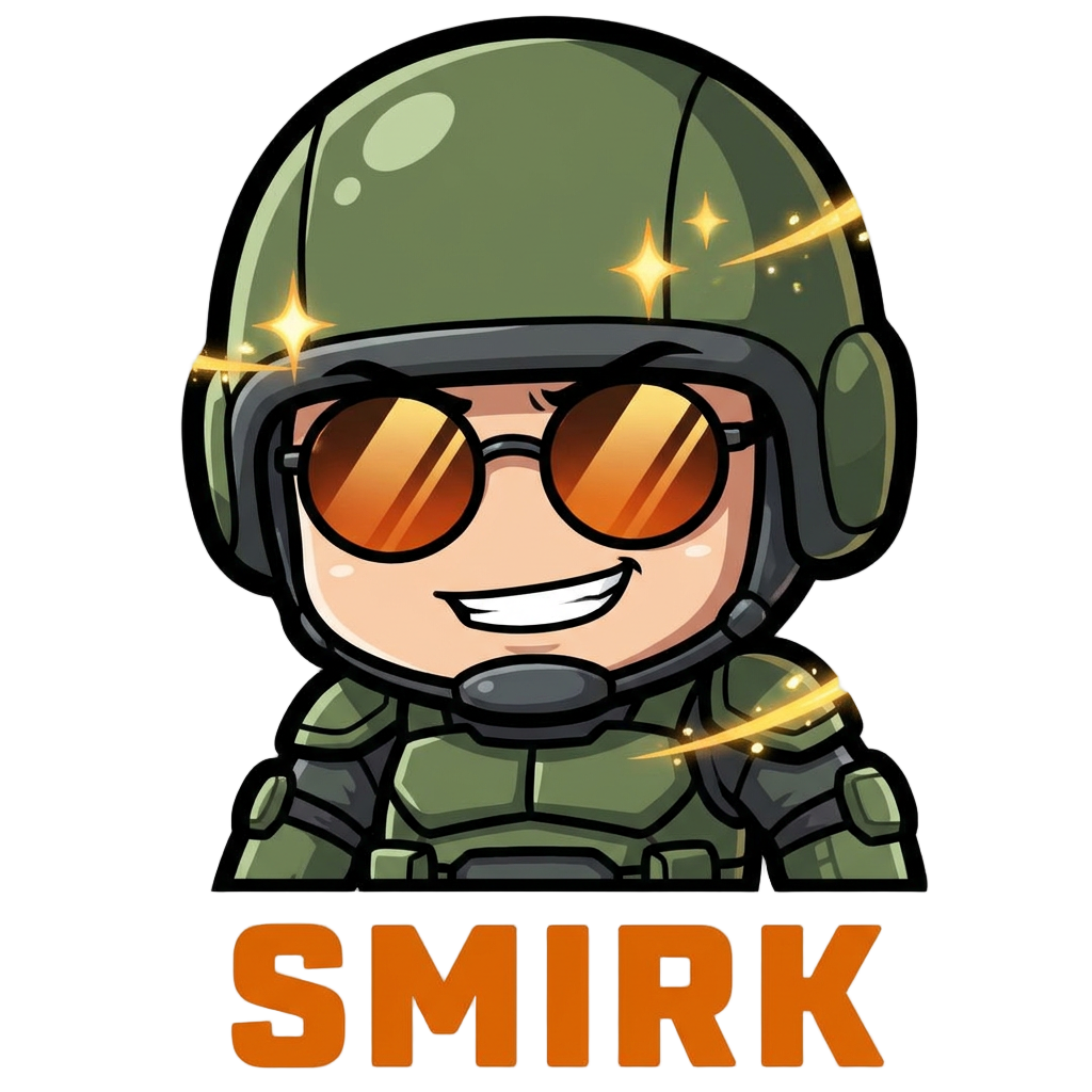 Create a small animated Twitch emote GIF of a cute chibi comic soldier. The character should be highly expressive, funny, and instantly readable even at very small size. Make the design bold, eye-catching, and clean, with thick outlines, exaggerated facial expressions, and a strong silhouette. Use a black, dark gray, and military green base, with bright burnt-orange and golden glow accents to make it pop. The animation should loop smoothly and feel energetic, with blinking highlights, flashing s wearing sunglasses with a confident smirk