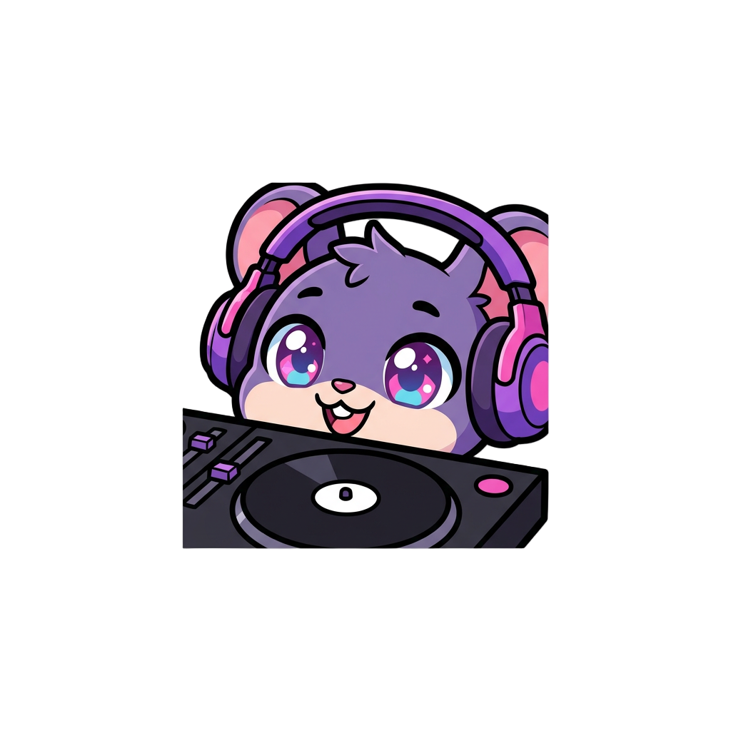 A cute 2d vector style illustration of a purple cartoon mouse wearing gaming headphones, peeking over the top edge of a black DJ turntable deck. Only the top half of the mouse's head and eyes are visible. Solid dark background, vibrant purple and pink color palette, clean thick lines, twitch emote style, flat colors, high quality. with a big cheerful smile and bright sparkling eyes