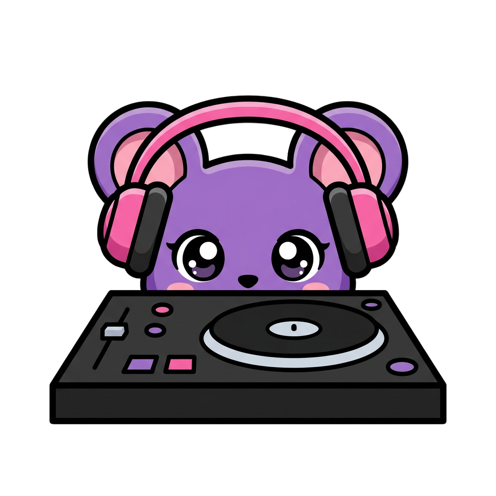 A cute 2d vector style illustration of a purple cartoon mouse wearing gaming headphones, peeking over the top edge of a black DJ turntable deck. Only the top half of the mouse's head and eyes are visible. Solid dark background, vibrant purple and pink color palette, clean thick lines, twitch emote style, flat colors, high quality.