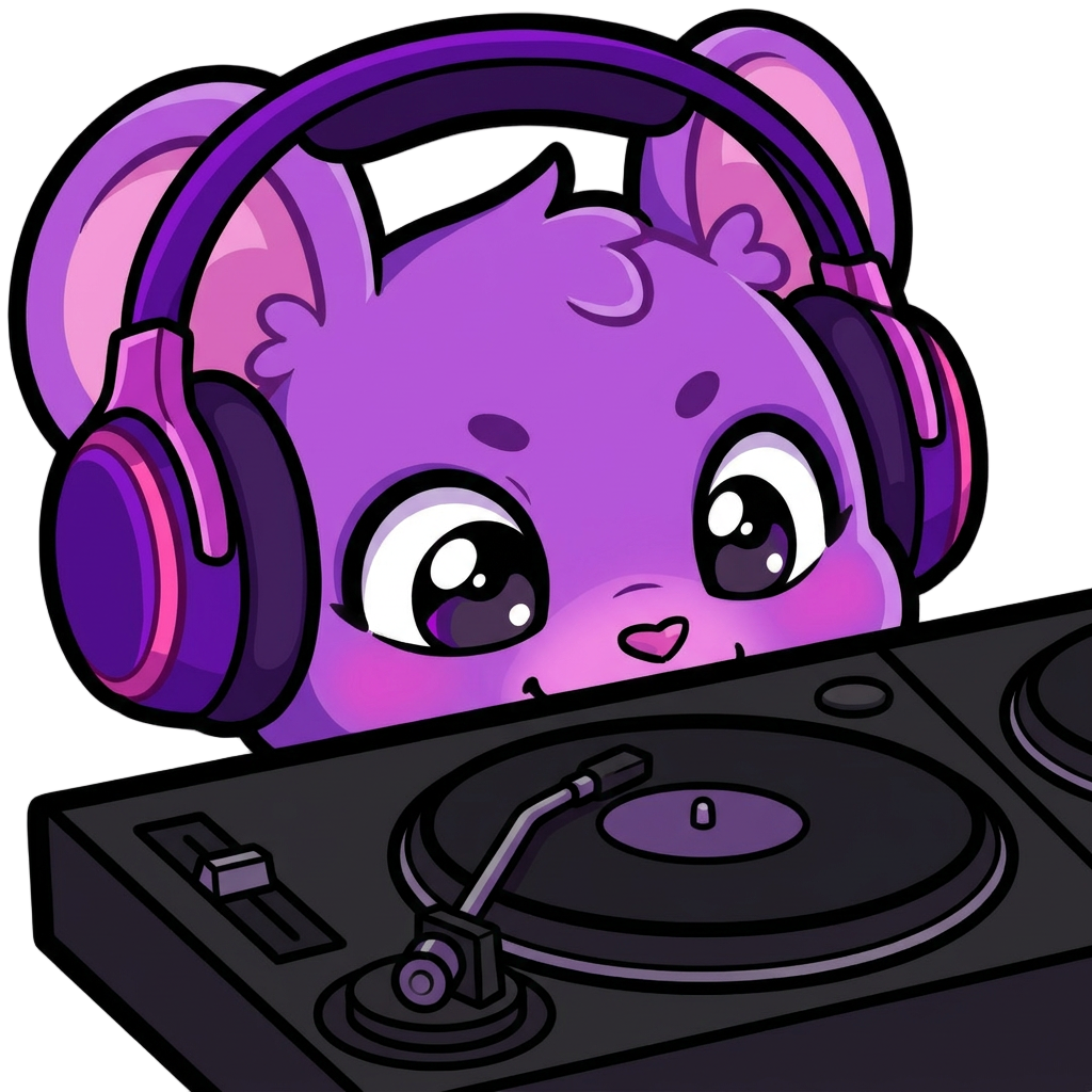 A cute 2d vector style illustration of a purple cartoon mouse wearing gaming headphones, peeking over the top edge of a black DJ turntable deck. Only the top half of the mouse's head and eyes are visible. Solid dark background, vibrant purple and pink color palette, clean thick lines, twitch emote style, flat colors, high quality.