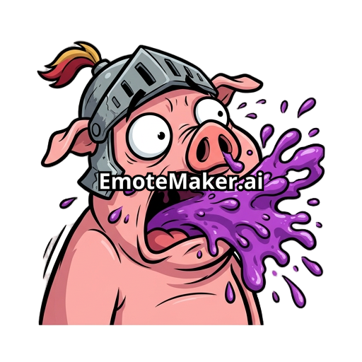 Cartoon pig with medival helmet on sneezing out purple slime