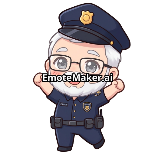 cute chibi style emote of an older police officer with short white hair, smooth face with no wrinkles, gray eyes, white beard and mustache, wearing a dark navy police uniform, sometimes wearing black glasses that slightly cover the eyes, expressive face, simple clean lines, soft shading, centered, transparent background