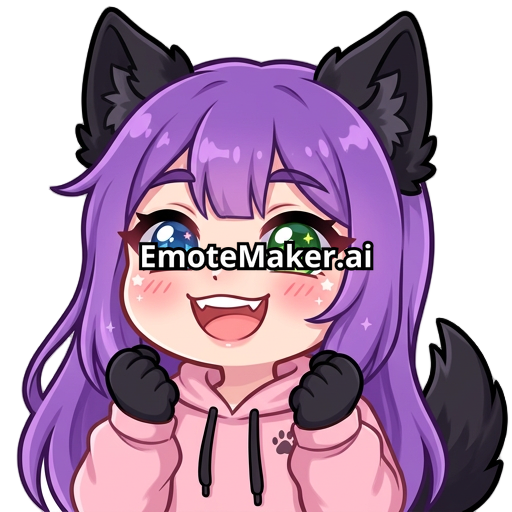 long purple haired girl having one green eye and one blue eye with black ears and black wolf tail in a hoodie