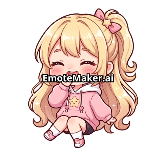 chibi anime girl, kawaii style, blonde long hair, big glossy brown eyes, soft blush, laughing with eyes closed, hand covering mouth, very cute expression, pink hoodie, transparent background