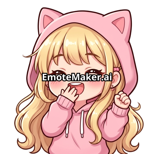 chibi anime girl, kawaii style, blonde long hair, big glossy brown eyes, soft blush, laughing with eyes closed, hand covering mouth, very cute expression, pink hoodie, transparent background