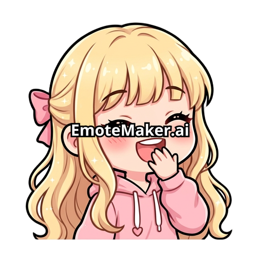 chibi anime girl, kawaii style, blonde long hair, big glossy brown eyes, soft blush, laughing with eyes closed, hand covering mouth, very cute expression, pink hoodie, transparent background