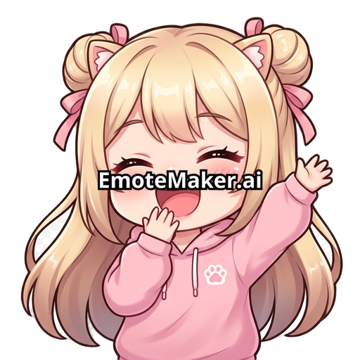 chibi anime girl, kawaii streamer emote, blonde long hair with soft gradient shading (light blonde to darker tips), big glossy brown eyes with strong highlights, soft blush cheeks, small mouth, rounded face, smooth airbrush shading, pastel color palette, clean thin lineart, high detail, high resolution, soft lighting, centered composition, pink hoodie, cute aesthetic, identical character design, consistent style, transparent background, 4k laughing expression, eyes closed in happy curve, hand ne