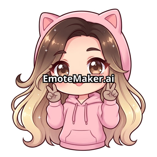 chibi anime girl, kawaii streamer emote, long hair with two-tone color, dark brown top hair, blonde gradient bottom hair, smooth transition, shiny hair highlights, big glossy brown eyes, soft blush, rounded cute face, clean thin lineart, smooth airbrush shading, pastel colors, wearing a pink hoodie, solid pink hoodie, pastel pink sweatshirt, clearly visible pink hoodie, no other clothing colors, centered face, high detail, high resolution, transparent background, consistent character design, sam