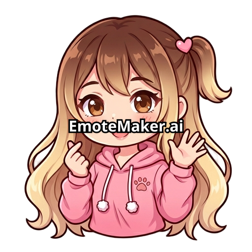 Hazme un emote de una chica kawaii de sudadera rosa con pelo con franja color castaño en el pelo en la parte de la raíz del cabello y baje haciendo un degradado a rubio la chica de ojos cafés de cabello largo