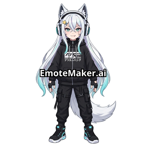 full body, long hair, cute, cyberpunk,  cyberpunk style, long white hair, bangs between eyes, multicolored hair , cross bangs, headphones, , black cargo pants, hoodie, wolf tail,earrings, , cyan colored tips, wolf ears, sneakers, scar across right eye, fingerless gloves,1girl, white hair, long hair, star hairclip, white hair, long hair, blue eyes, hair between eyes,bangs, sidelocks,noelabase, blue eyes, hair ornament, very long hair, tail, fang, , puffy, wolf ears, wolf tail, very long hair, tai
