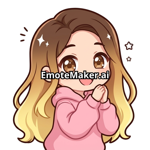 Hazme un emote de una chica kawaii de sudadera rosa con pelo con franja color castaño en el pelo en la parte de la raíz del cabello y baje haciendo un degradado a rubio la chica de ojos cafés cabello largo sin accesorios distinguidos