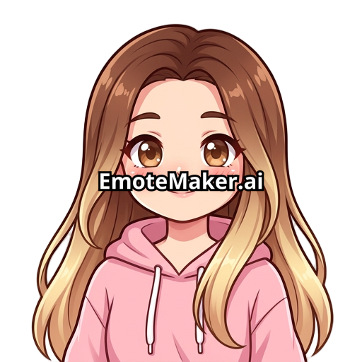 Hazme un emote de una chica kawaii de sudadera rosa con pelo con franja color castaño en el pelo en la parte de la raíz del cabello y baje haciendo un degradado a rubio la chica de ojos cafés cabello largo sin accesorios distinguidos