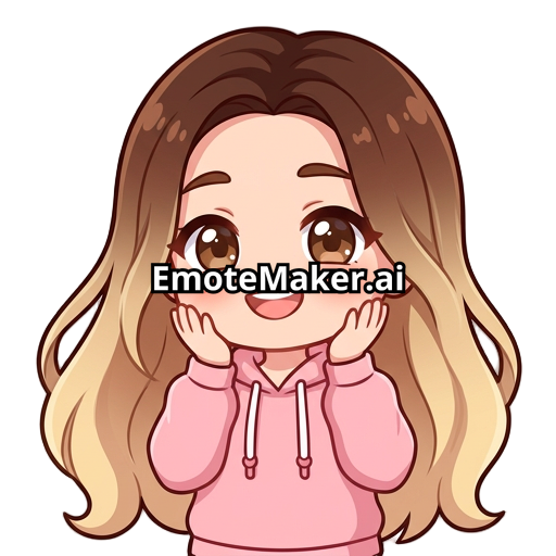 Hazme un emote de una chica kawaii de sudadera rosa con pelo con franja color castaño en el pelo en la parte de la raíz del cabello y baje haciendo un degradado a rubio la chica de ojos cafés cabello largo sin accesorios distinguidos