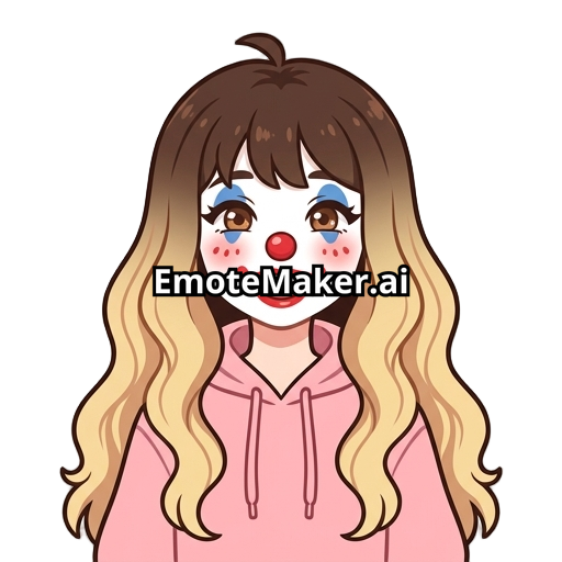 Hazme un emote de una chica kawaii de sudadera rosa con pelo con franja color castaño en el pelo en la parte de la raíz del cabello y baje haciendo un degradado a rubio la chica de ojos cafés cabello largo sin accesorios distinguidos pero con cara de payaso