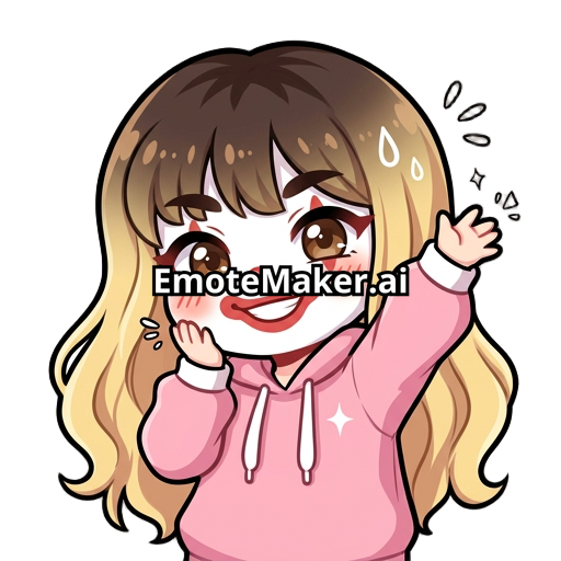 Hazme un emote de una chica kawaii de sudadera rosa con pelo con franja color castaño en el pelo en la parte de la raíz del cabello y baje haciendo un degradado a rubio la chica de ojos cafés cabello largo sin accesorios distinguidos pero con cara de payaso