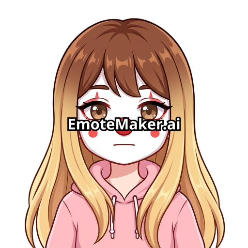 Hazme un emote de una chica kawaii de sudadera rosa con pelo con franja color castaño en el pelo en la parte de la raíz del cabello y baje haciendo un degradado a rubio la chica de ojos cafés cabello largo sin accesorios distinguidos pero con cara de payaso sin reaccion