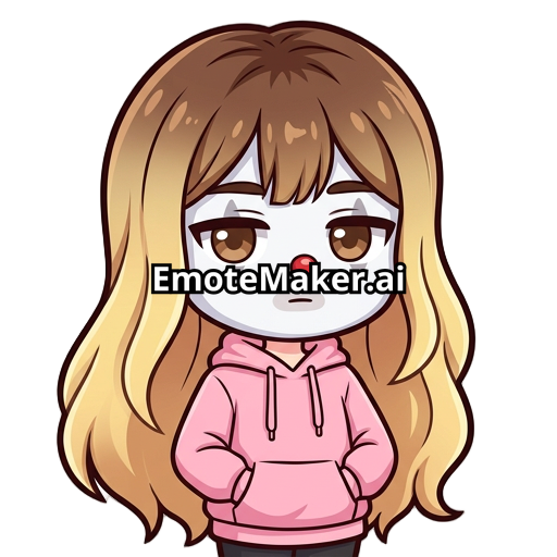 Hazme un emote de una chica kawaii de sudadera rosa con pelo con franja color castaño en el pelo en la parte de la raíz del cabello y baje haciendo un degradado a rubio la chica de ojos cafés cabello largo sin accesorios distinguidos pero con cara de payaso sin reaccion