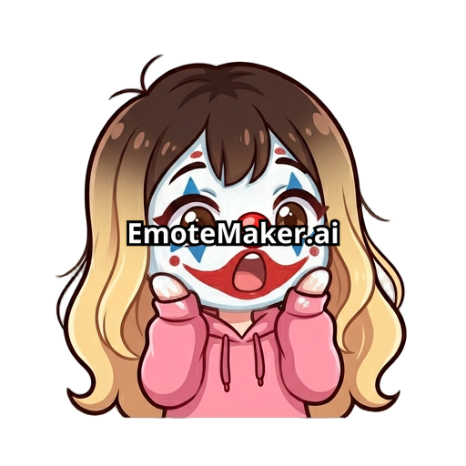 Hazme un emote de una chica kawaii de sudadera rosa con pelo con franja color castaño en el pelo en la parte de la raíz del cabello y baje haciendo un degradado a rubio la chica de ojos cafés cabello largo sin accesorios distinguidos pero con cara de payaso como el meme