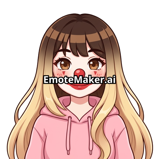 Hazme un emote de una chica kawaii de sudadera rosa con pelo con franja color castaño en el pelo en la parte de la raíz del cabello y baje haciendo un degradado a rubio la chica de ojos cafés cabello largo sin accesorios distinguidos pero con cara de payaso como el meme pero sin reaccion