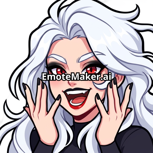 NP. she has long Diamond white hair. red eye, black up lips and red down lips, black eyeshadow, black nails. eyebrow white.
