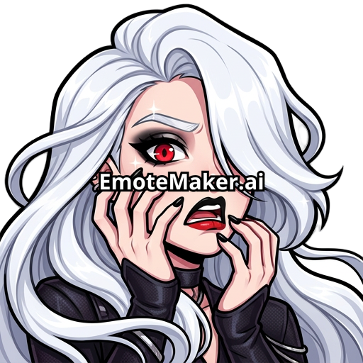 NP. she has long Diamond white hair. red eye, black up lips and red down lips, black eyeshadow, black nails. eyebrow white.