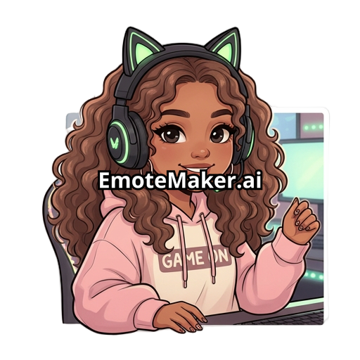 a more detailed, semi-realistic art style Twitch streamer girl, brown skin, expressive big eyes, soft long curly hair, cozy oversized hoodie, black gaming headset with black kitty ears attached with inside of kitty ears are glowing neon green, relaxed and friendly personality, soft pastel colors, adorable proportions, sticker style, high detail, baddie, transparent background, Twitch emote pack style”