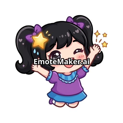 Chibi, cartoon, kawaii emotis for twitch  with a girl with a golden star dressed in purple and blue, with black hair. with lot of expressions