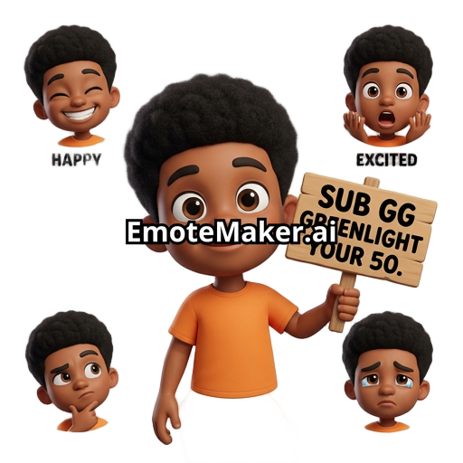 i need a 3d animated cartton brown skin with a black afro brown eyes and him having different facial expressions! and i want him holding up words SUB GG GREENLIGHT YOUR 50