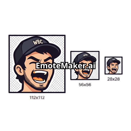 Create a single, individual Twitch emote for the Wildboycrawler brand using the users picture, optimized for clear readability at small sizes. Deliver three square versions in 112×112, 56×56, and 28×28 pixels, with a transparent background, bold outline, strong facial expression, and minimal details that survive Twitch compression. Also provide a PNG export and a brief upload-ready file name suggestion