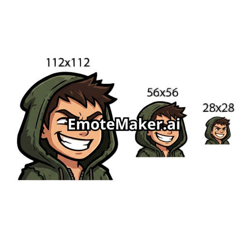 Create a single, individual Twitch emote for the Wildboycrawler brand using the users picture, optimized for clear readability at small sizes. Deliver three square versions in 112×112, 56×56, and 28×28 pixels, with a transparent background, bold outline, strong facial expression, and minimal details that survive Twitch compression.