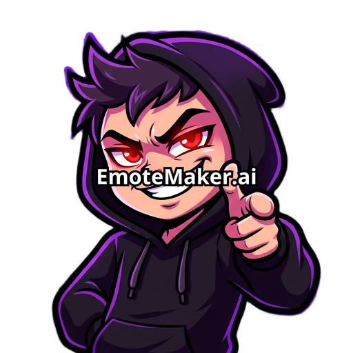 streamer emote, smug confident smile, pointing at viewer, glowing red eyes, black hoodie, cartoon twitch emote style, meme expression, clean outline, transparent background, high contrast, dark purple aura