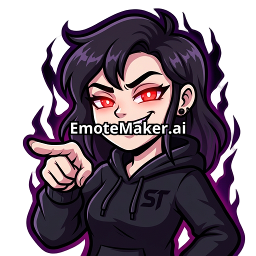 streamer emote, smug confident smile, pointing at viewer, glowing red eyes, black hoodie, cartoon twitch emote style, meme expression, clean outline, transparent background, high contrast, dark purple aura
